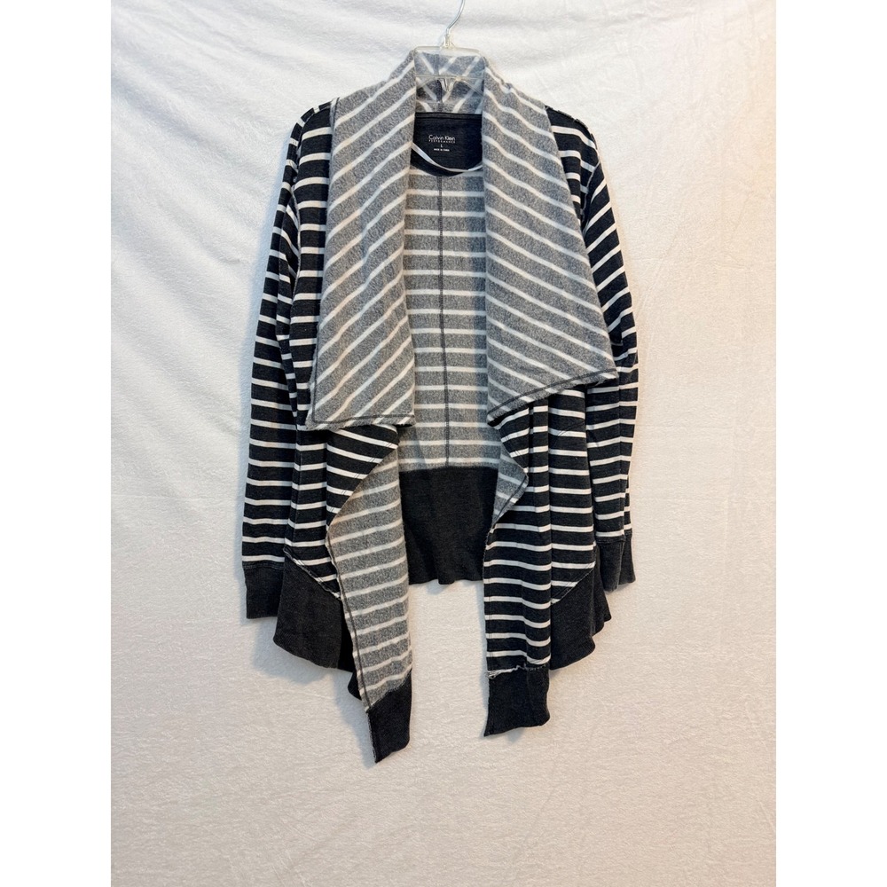 Calvin Klein Performance Striped Open Front Waterfall Cardigan Gray White Large